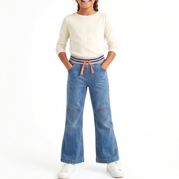 Mini Boden Other - MINI BODEN Heart Patch Denim Jeans Size 10 Med Wash Stripe Elastic Waist Pull On